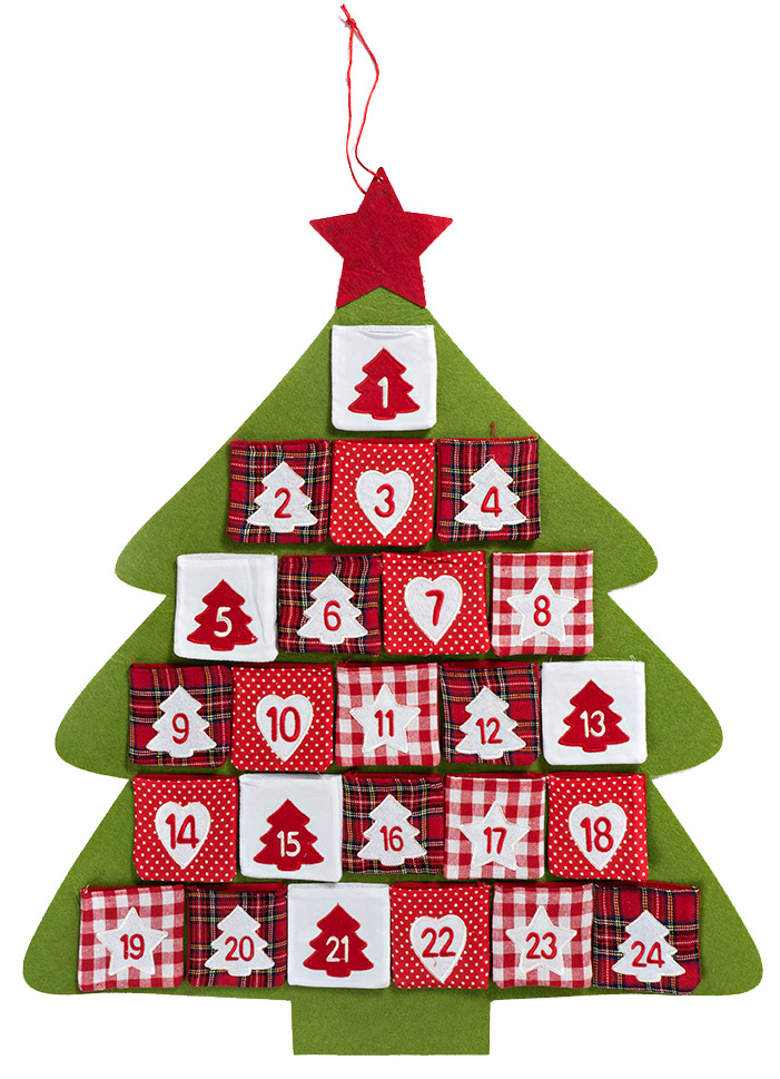 Adventskalender in Form eines Weihnachtsbaums. Grüner Stoff mit roten und weißen Taschen für die Tage bis Weihnachten.