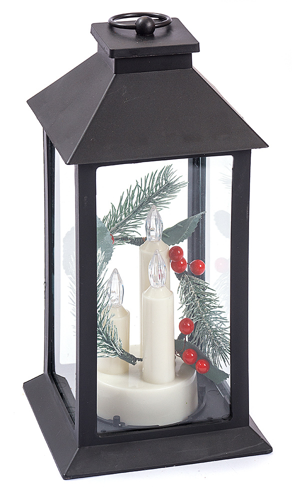 NOVOOO Seasons Xmas Laterne mit LED-Kerzen und Gesteck schwarz