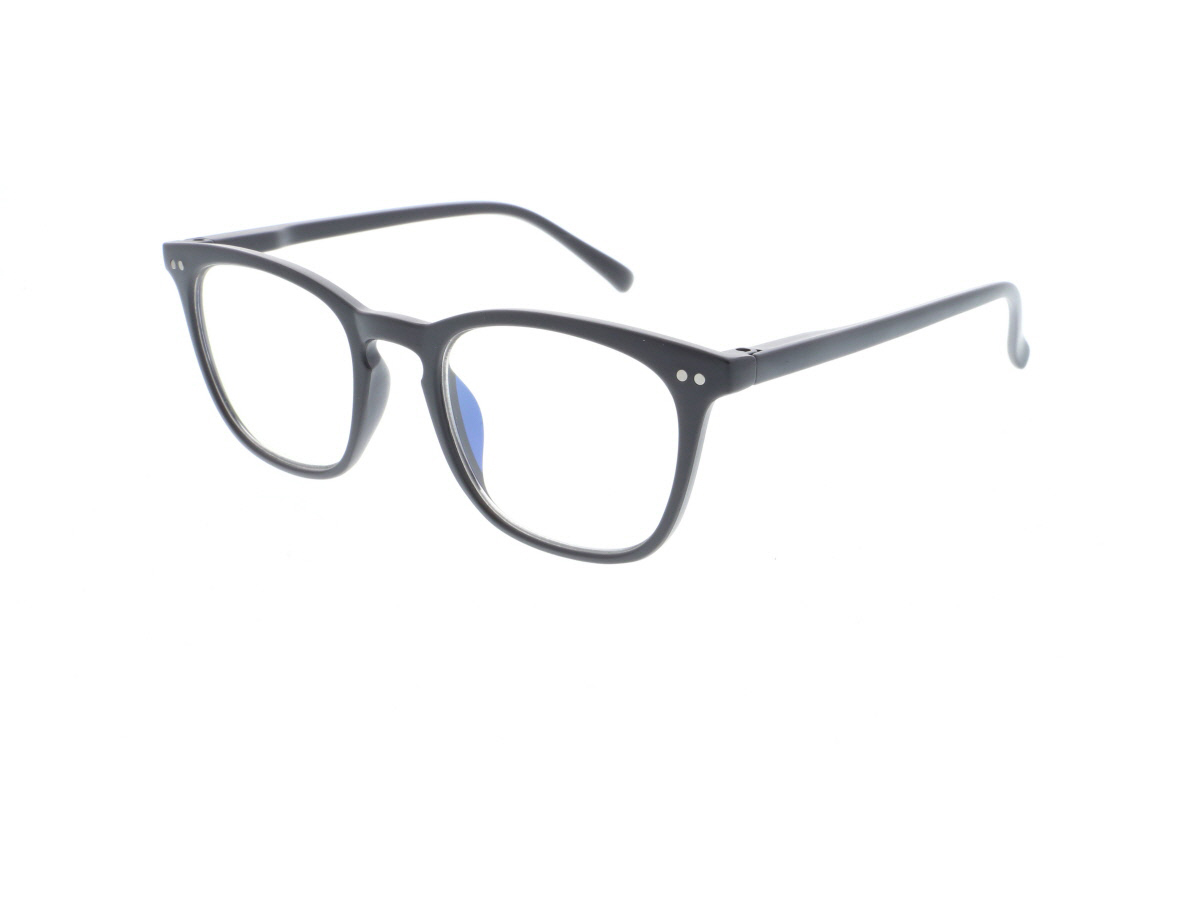schwarze Brille mit rechteckigem Rahmen. Klare Gläser, dünne Bügel. Modernes Design.
