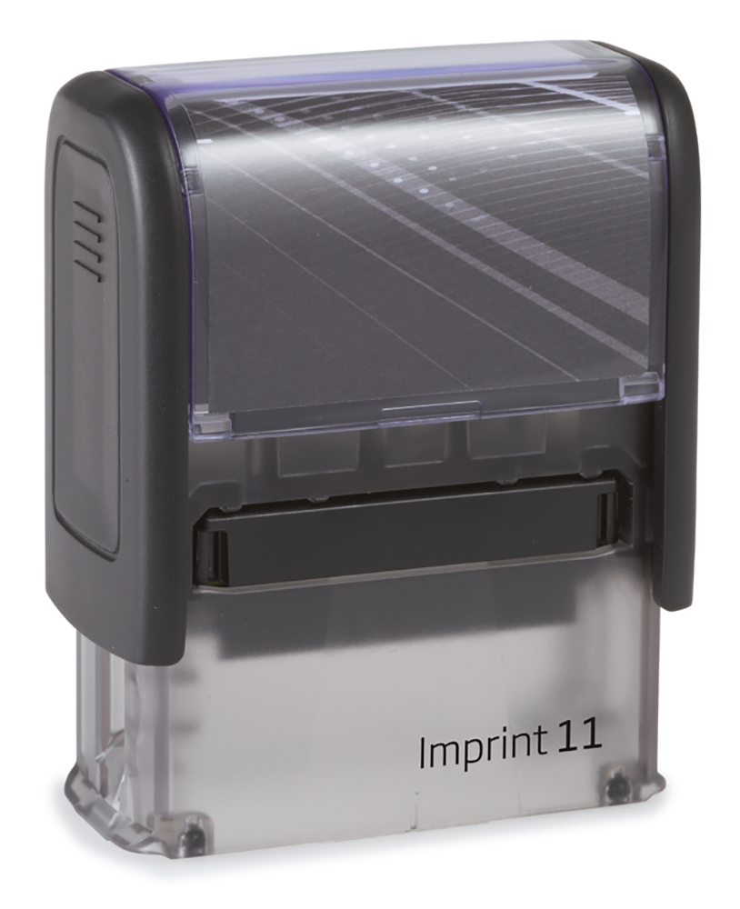 schwarzer Stempel mit transparentem Deckel. Auf der Vorderseite steht 'Imprint 11'. Kompakt und handlich.