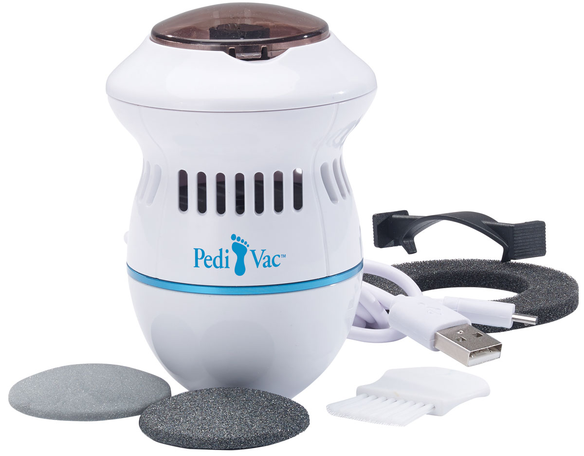 Ein elektrisches Fußpflegegerät in Weiß mit blauer Akzentlinie. Zubehörteile wie Schleifaufsätze und ein USB-Kabel sind enthalten.