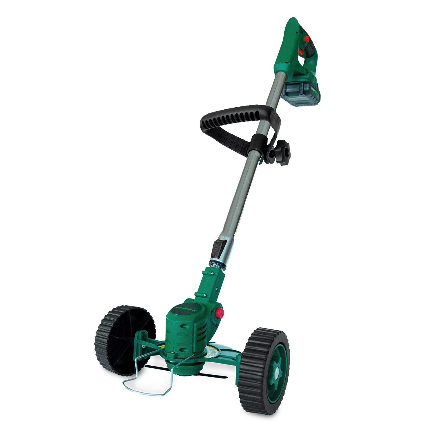 Grüner elektrischer Rasentrimmer mit zwei großen Rädern. Langer Griff und ergonomischer Handgriff.