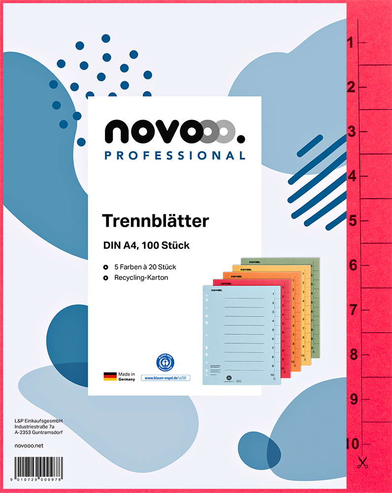 Packung mit Trennblättern in verschiedenen Farben. Format DIN A4, 100 Stück.
