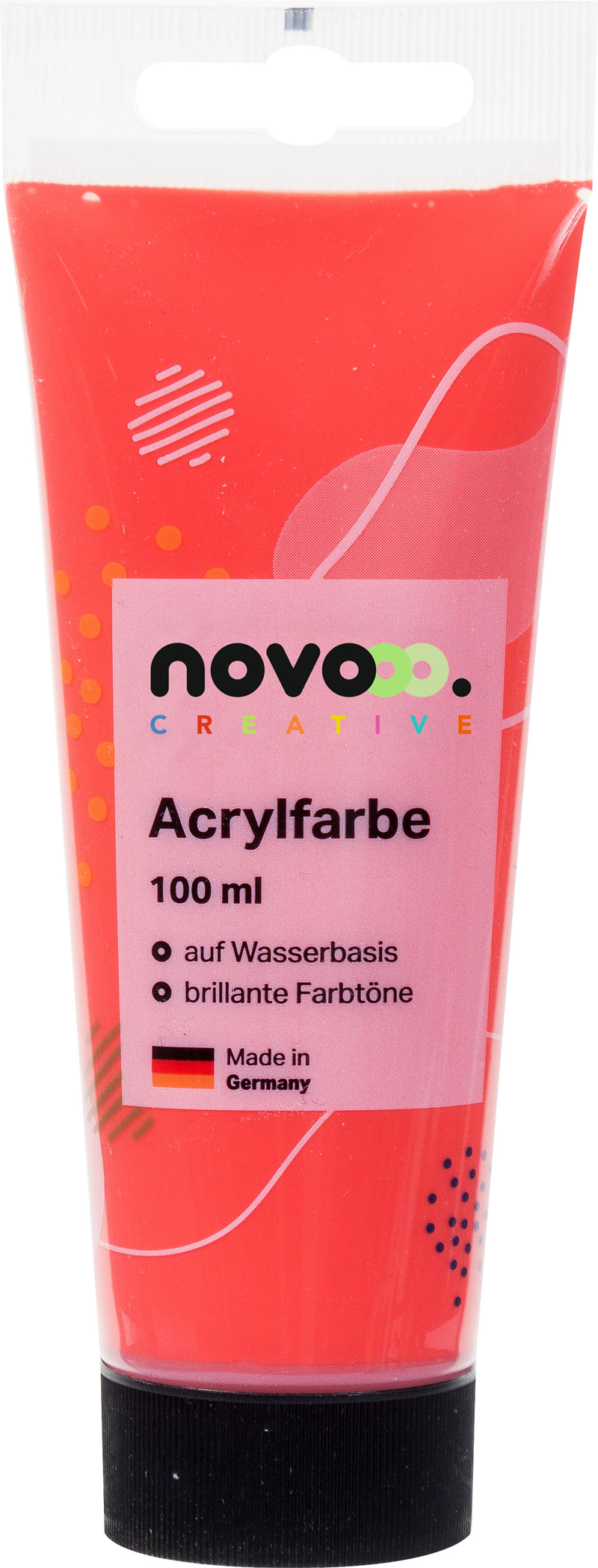 Rote Acrylfarbe in einer 100 ml Tube. Wasserbasis, brillante Farbtöne. Made in Germany.