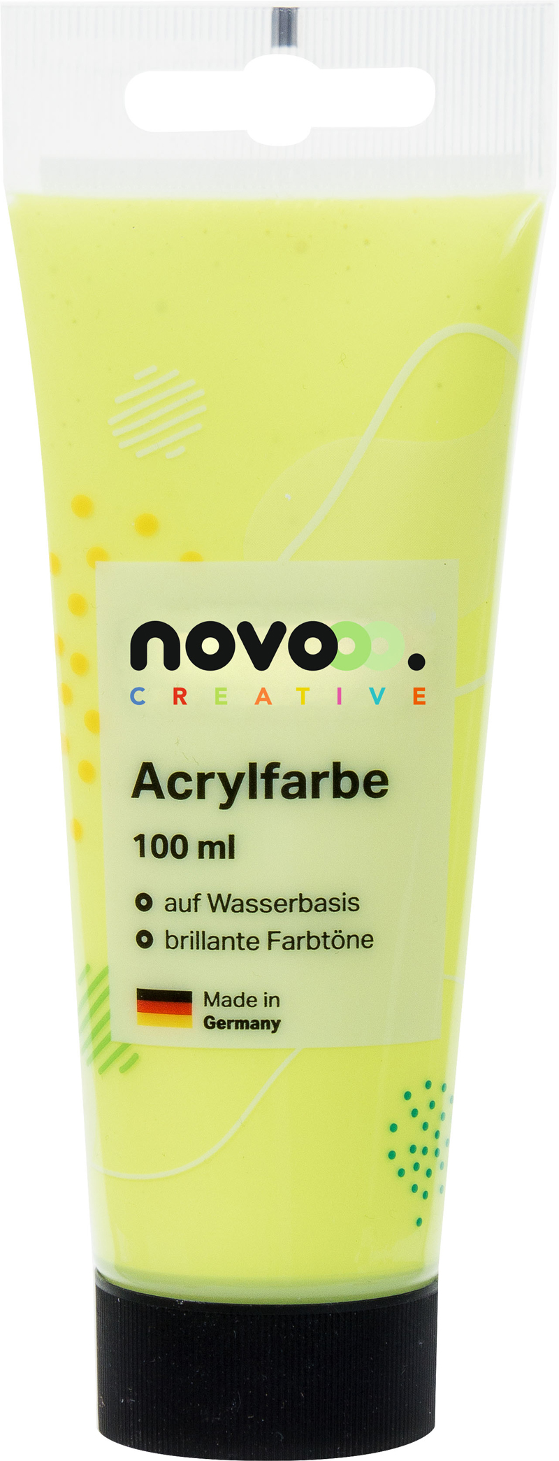 Gelbe Acrylfarbe in einer Tube. 100 ml, wasserbasiert, brillante Farbtöne.