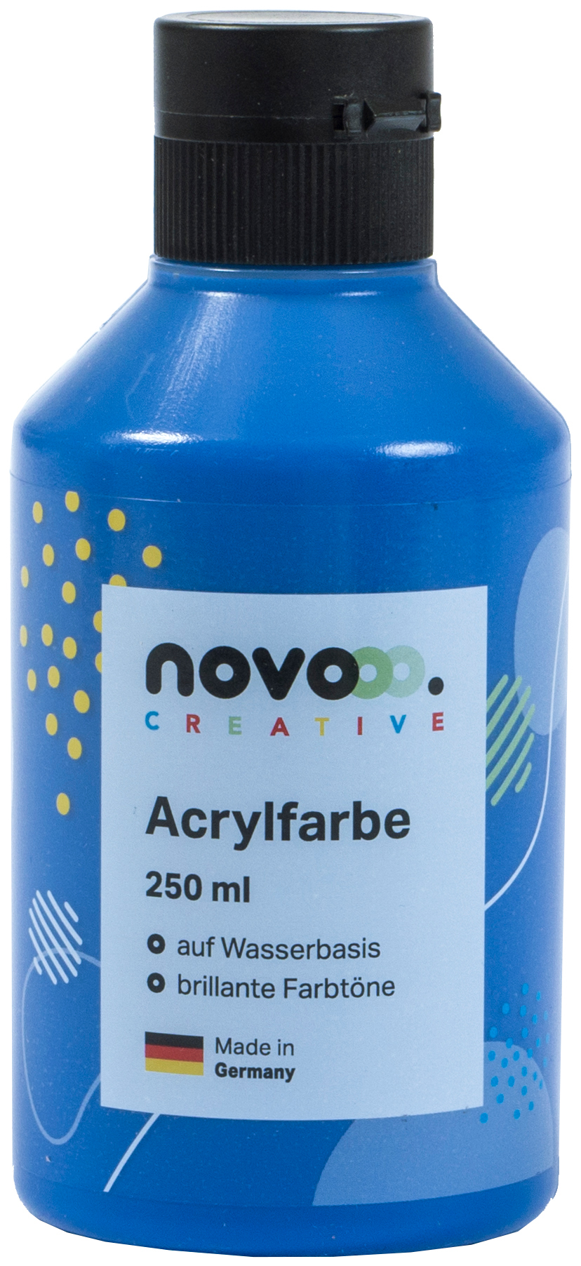 Blaue Acrylfarbe in einer Flasche. Inhalt 250 ml, wasserbasiert.