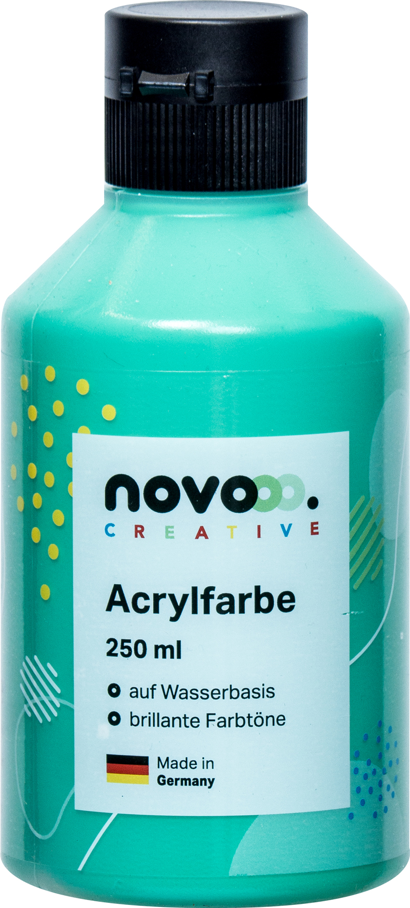 Grüne Acrylfarbe in einer Flasche mit schwarzem Deckel. Inhalt 250 ml, wasserbasiert.