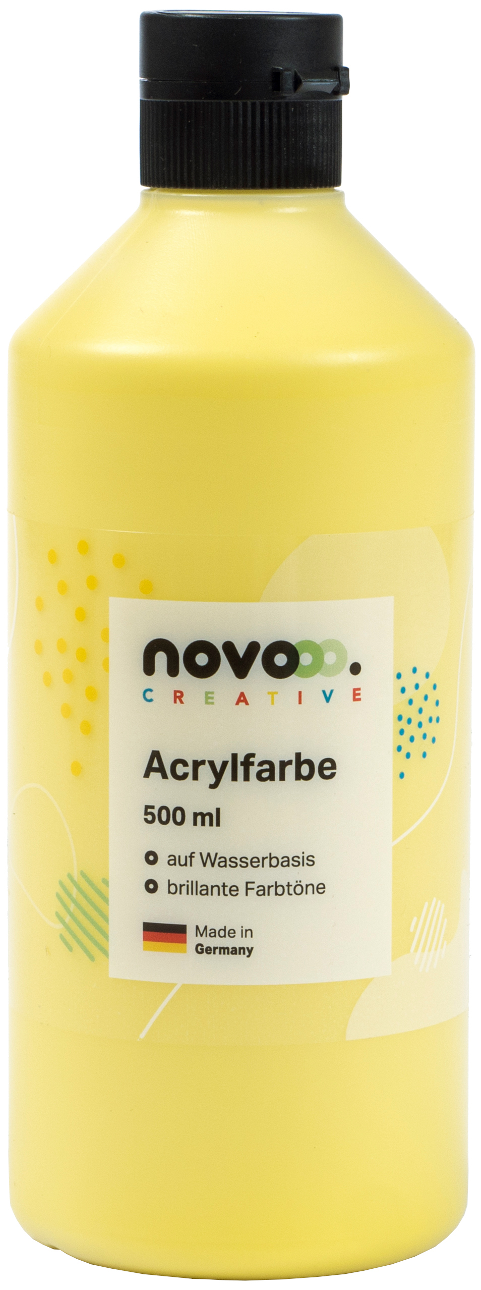 Gelbe Acrylfarbe in einer Flasche. Inhalt 500 ml, wasserbasiert.