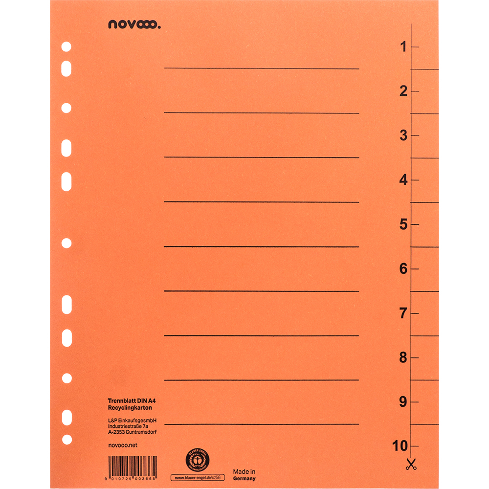 Oranges Trennblatt aus Recyclingkarton im DIN A4 Format. Mit Linien zum Beschriften und Lochungen für Ordner.