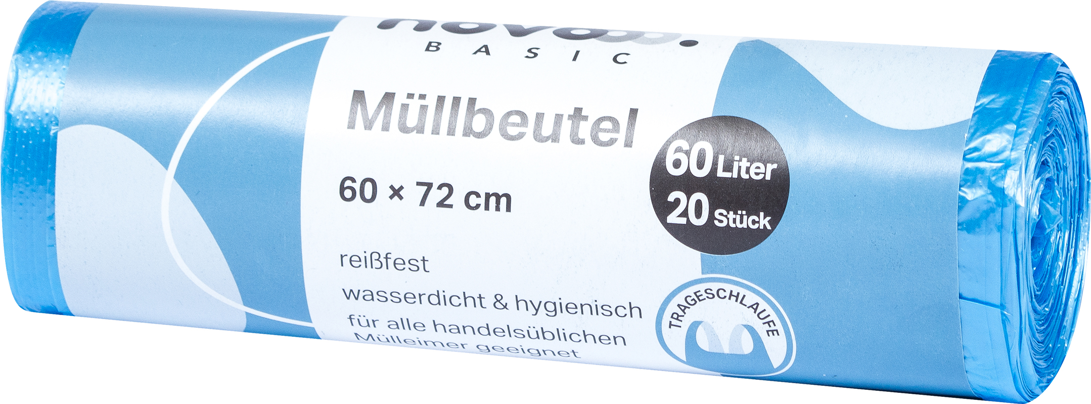 Rolle mit Müllbeuteln. Farbe: blau. Größe: 60 x 72 cm. Inhalt: 20 Stück. Eigenschaften: reißfest, wasserdicht, hygienisch.
