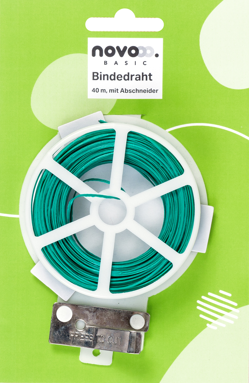 Grüner Bindedraht auf einer Spule. Enthält einen integrierten Schneider.