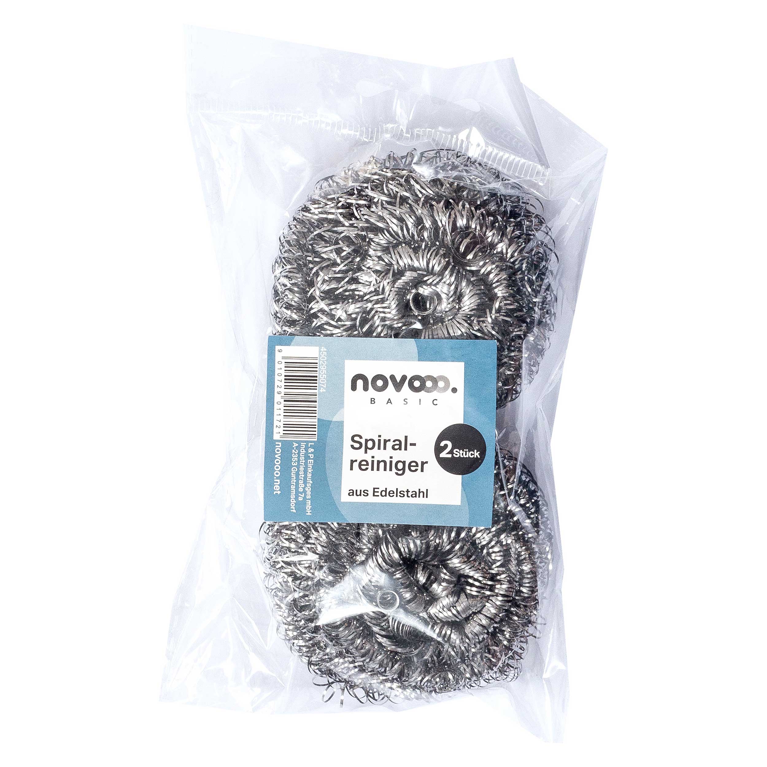 Zwei spiralfoermige Edelstahlreiniger in durchsichtiger Verpackung. Sie sind zum Reinigen von Oberflaechen gedacht.