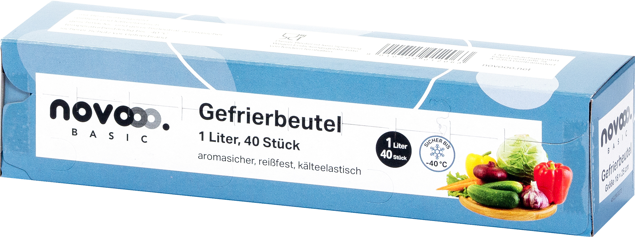 Paket mit Gefrierbeuteln. Inhalt: 40 Stück, 1 Liter. Farbe: Blau. Geeignet für Temperaturen bis -40 °C. Abgebildete Gemüse auf der Verpackung.