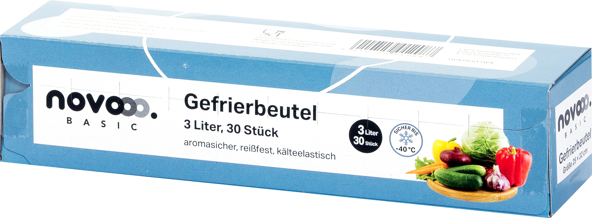 Paket mit Gefrierbeuteln. 3 Liter, 30 Stück. Blaues Design. Geeignet für Lebensmittel, reißfest, kältebeständig bis -40 °C.