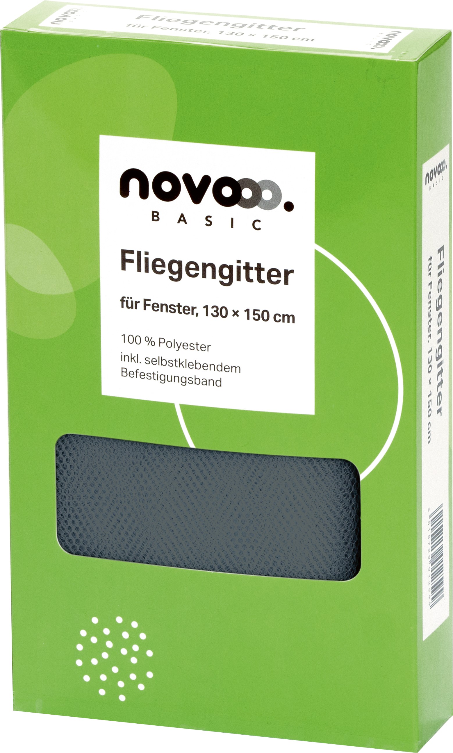 Grüne Verpackung für Fliegengitter. Maße 130 x 150 cm, aus 100 % Polyester.