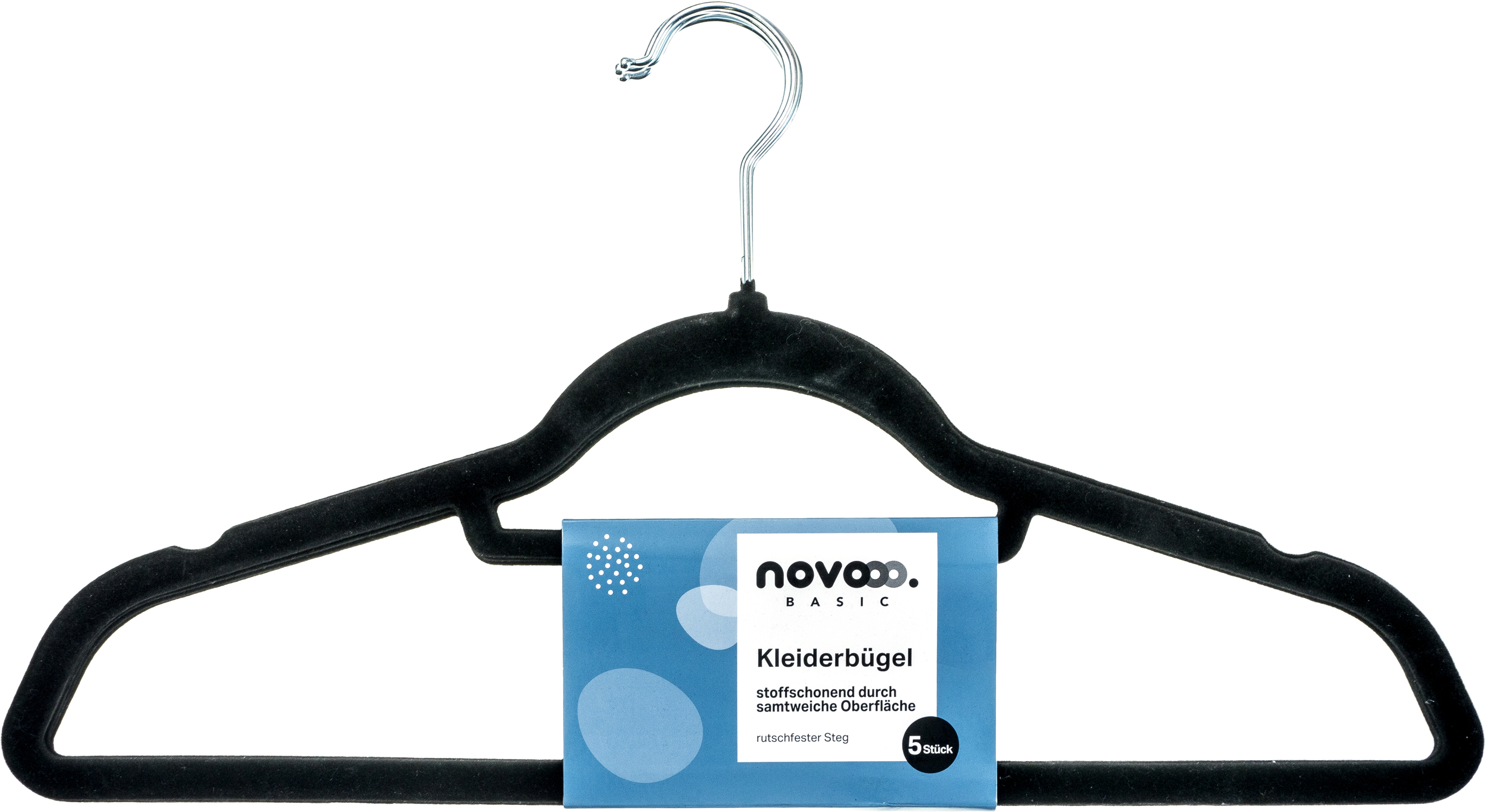 Schwarzer Kleiderbügel mit samtweicher Oberfläche. Verpackung zeigt fünf Stück.