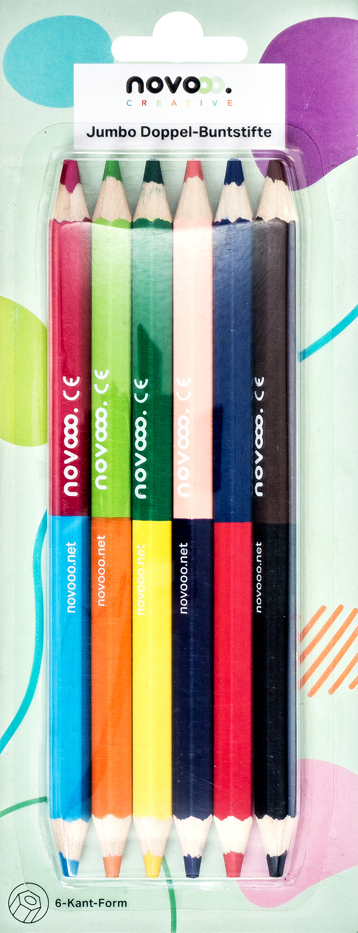 Sechseckige Jumbo-Buntstifte in verschiedenen Farben. Verpackung zeigt die Marke 'novooo' und den Hinweis auf doppelte Farbauswahl.