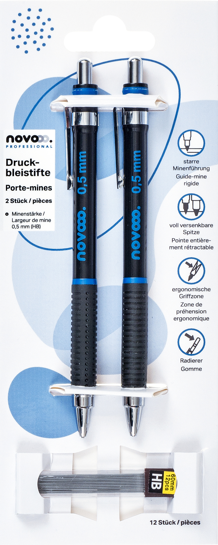 NOVOOO Professional Druckbleistifte HB 0,5 mm 2 Stk. inkl. 12 Minen