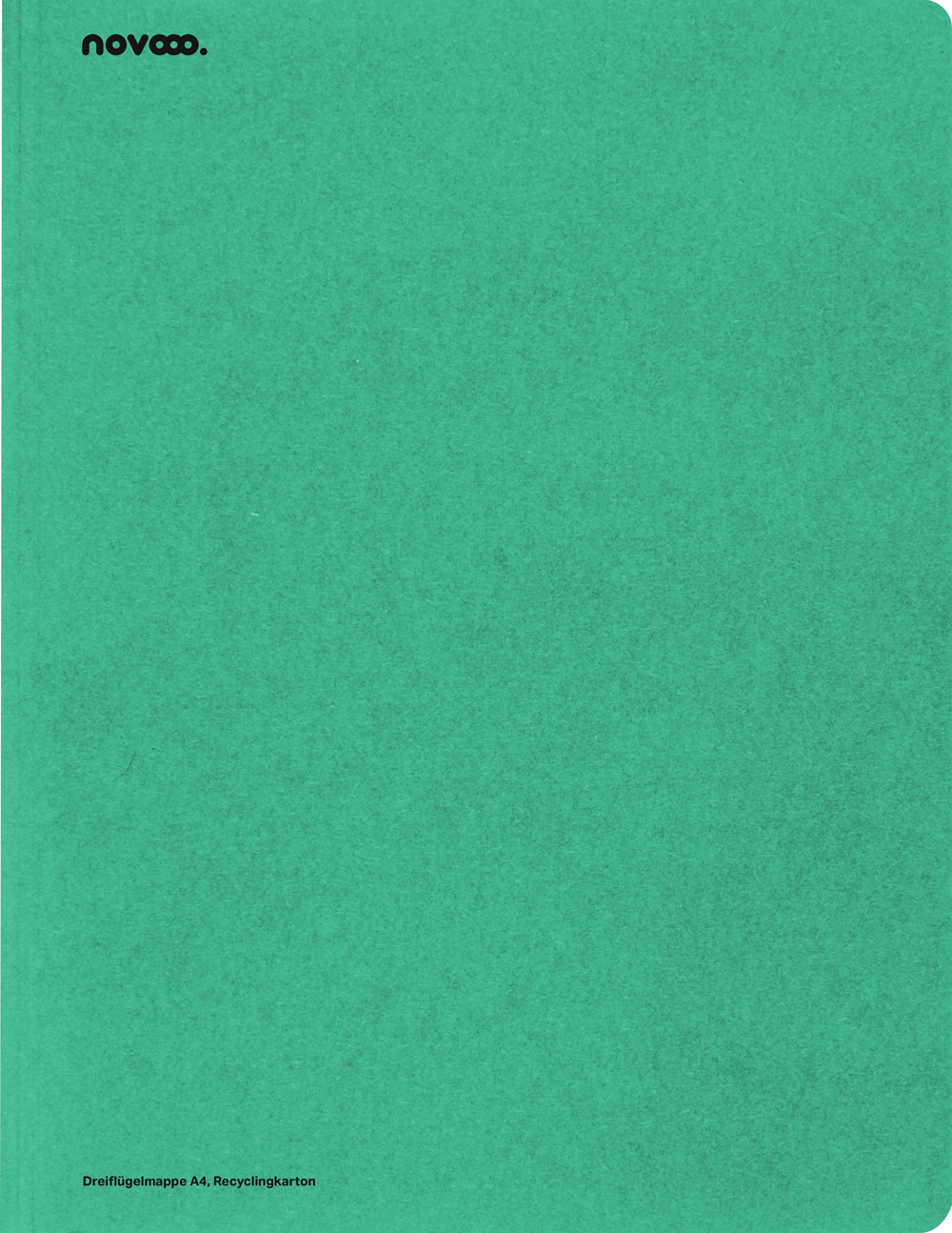 grüne Dreiflügelmappe aus Recyclingkarton. Schlichte Oberfläche, kein Muster. Logo 'novooo.' oben links.