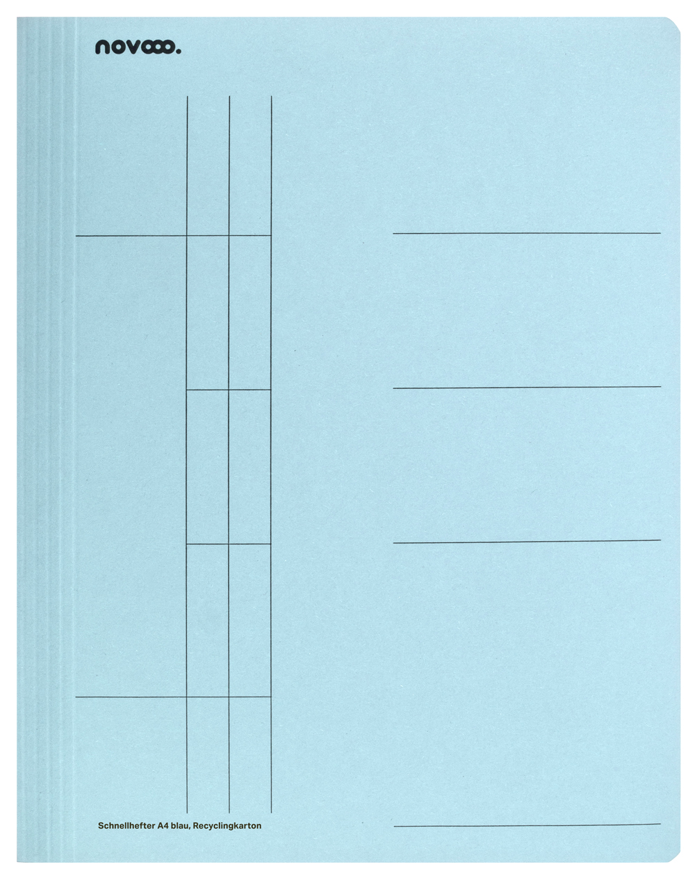 blauer Schnellhefter aus Recyclingkarton. Klare Linien und Felder zum Beschriften. Einfache, schlichte Gestaltung.