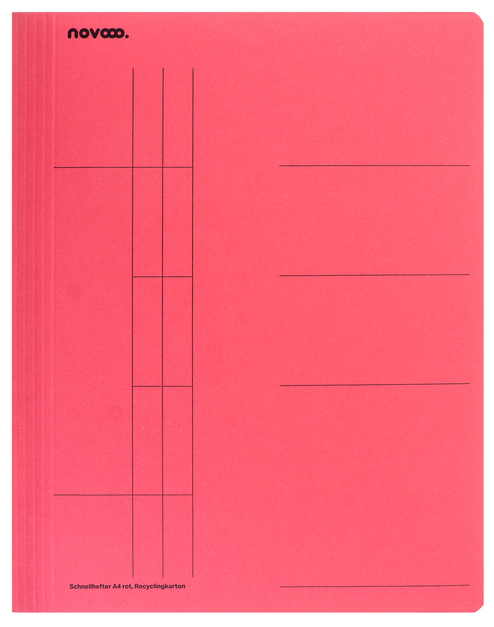 Roter Schnellhefter aus Recyclingkarton. Mit Linien für Beschriftungen auf der Vorderseite.