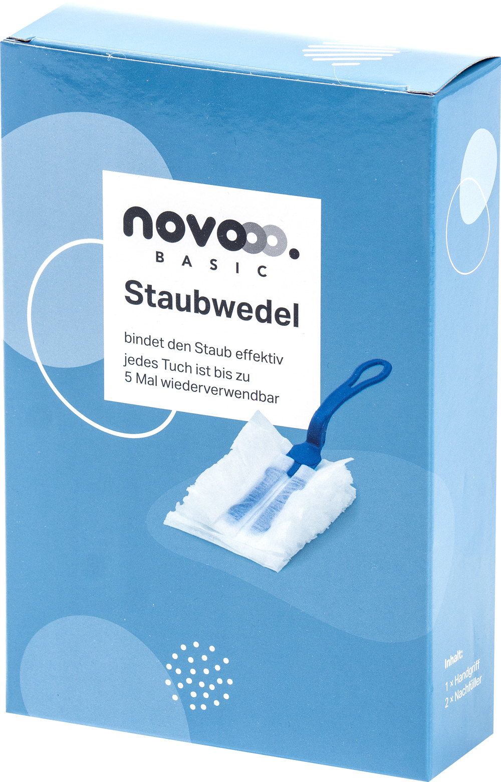 Blaues Verpackungsdesign für einen Staubwedel. Enthält einen Handgriff und zwei Nachfüller.