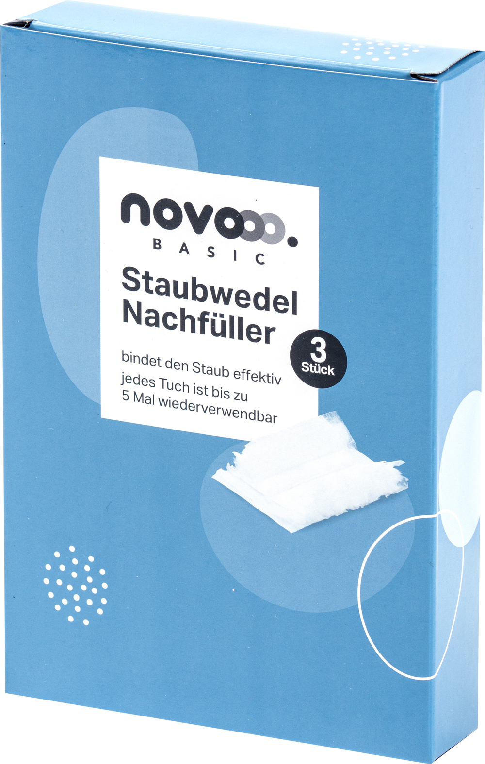 Blaue Verpackung mit weißen und schwarzen Schriftzügen. Inhalt: Staubwedel Nachfüller, 3 Stück. Wiederverwendbar bis zu 5 Mal.