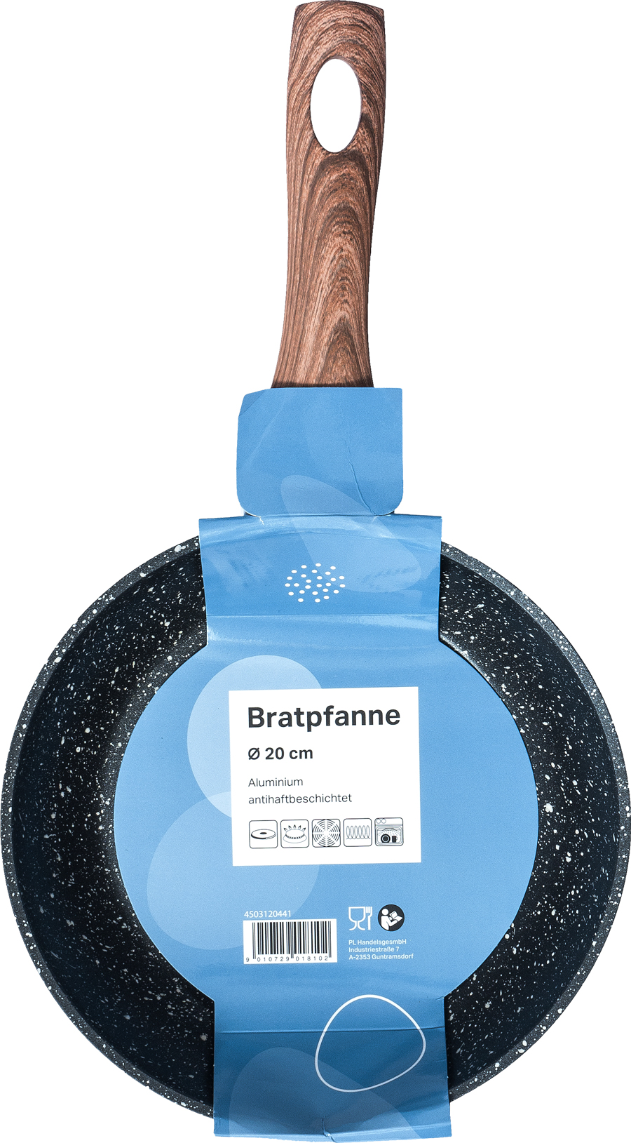Schwarze Bratpfanne mit Holzgriff. Durchmesser 20 cm, antihaftbeschichtet.