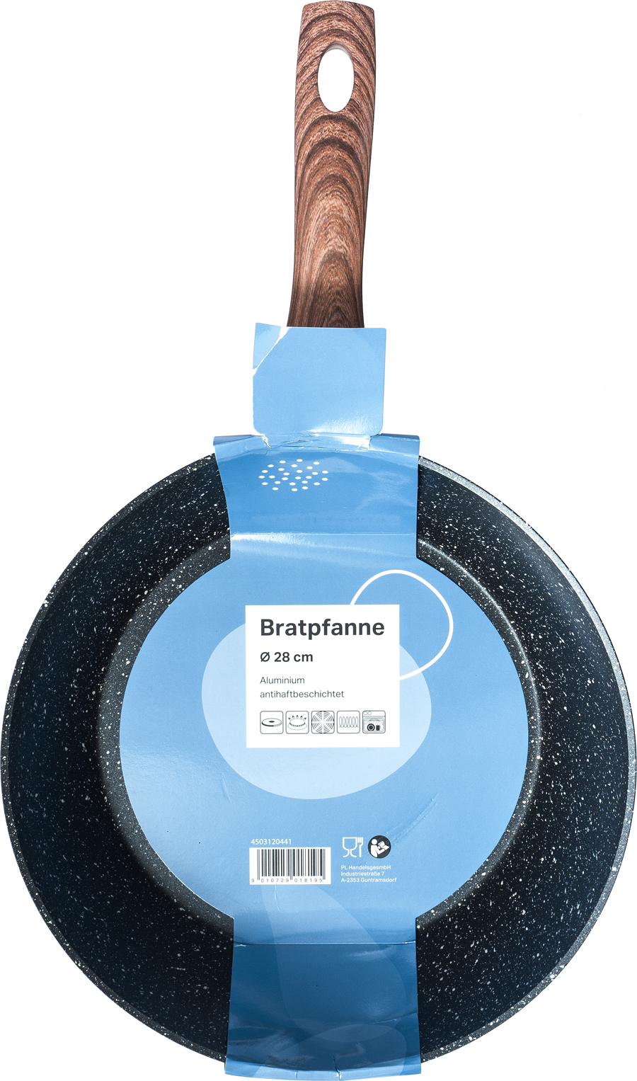 Schwarze Bratpfanne mit einem Durchmesser von 28 cm. Der Griff ist aus Holz und hat eine runde Aussparung.
