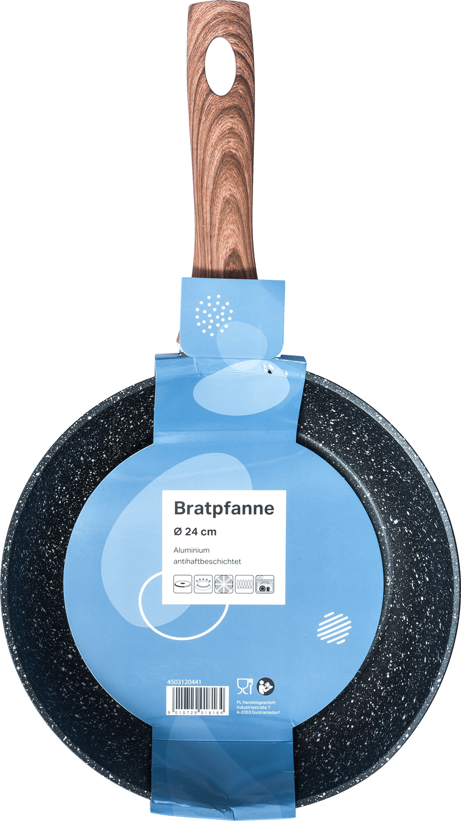 Schwarze Bratpfanne mit Holzgriff. Durchmesser 24 cm, antihaftbeschichtet.