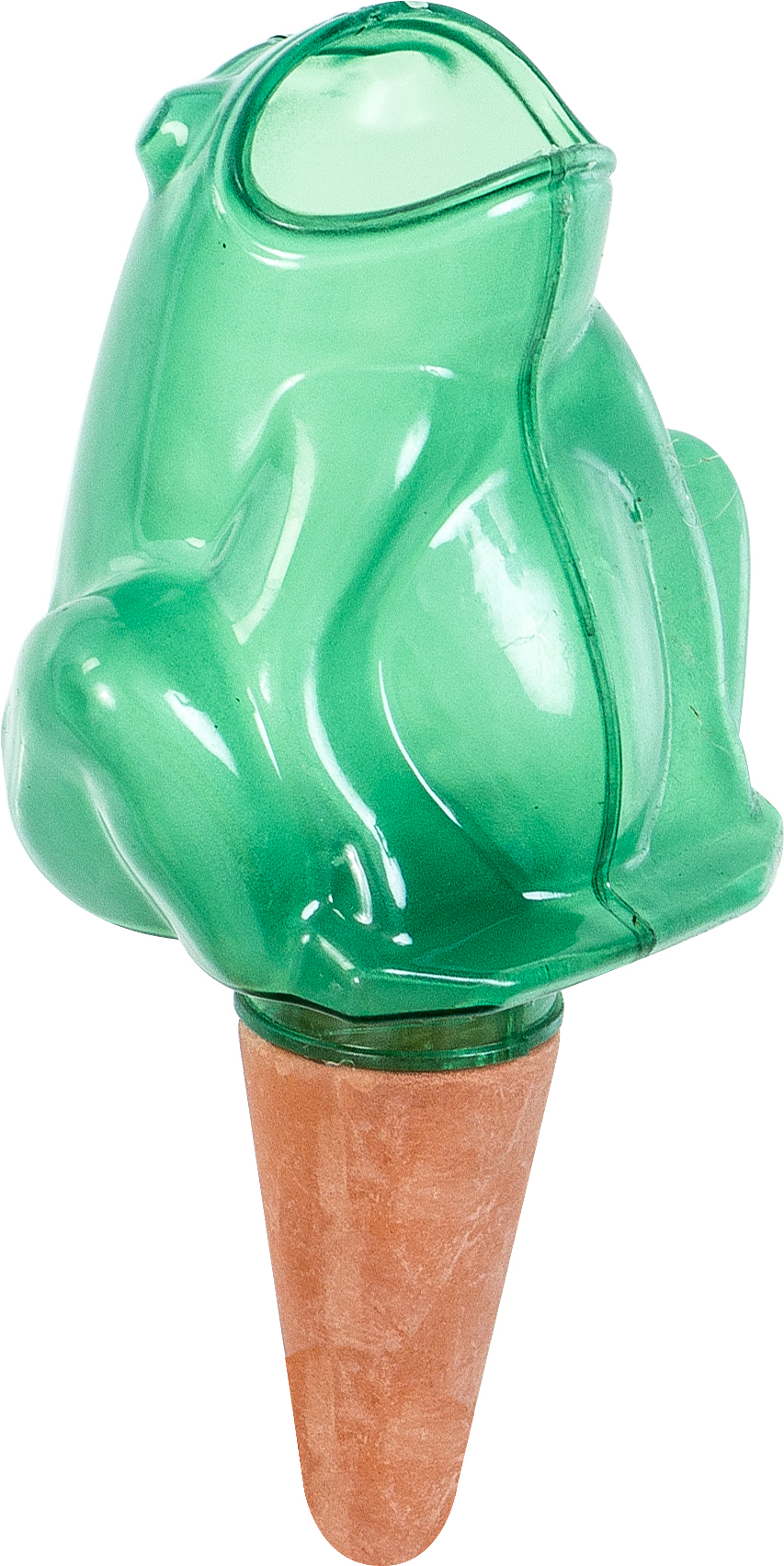 grüner Frosch aus Kunststoff, auf einem Kegel. Frosch hat glatte Oberfläche, Kegel ist braun. Sieht aus wie ein Eisbecher.