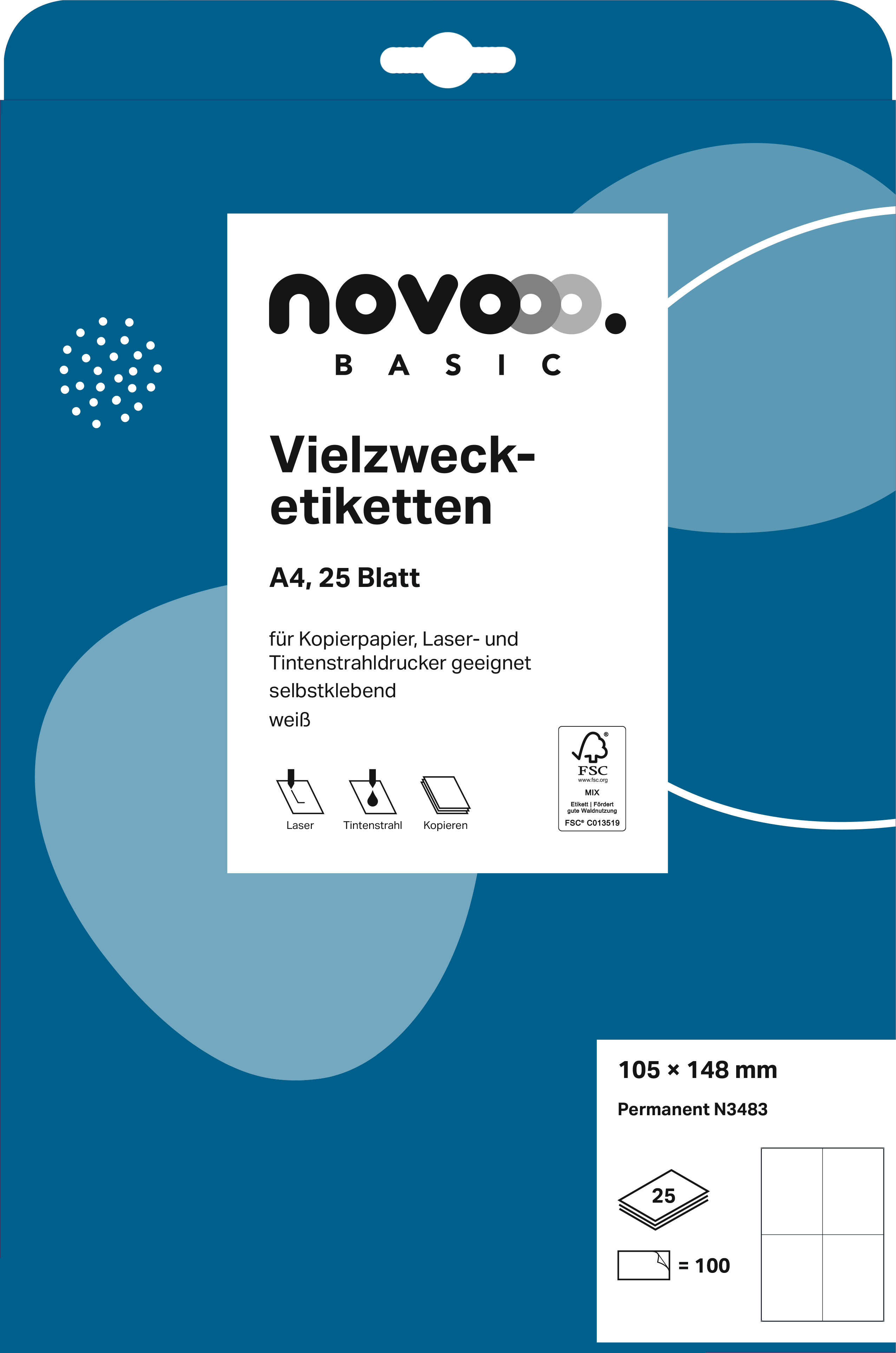Blaue Verpackung für Vielzwecketiketten. Enthält 25 Blätter A4, geeignet für Drucker.