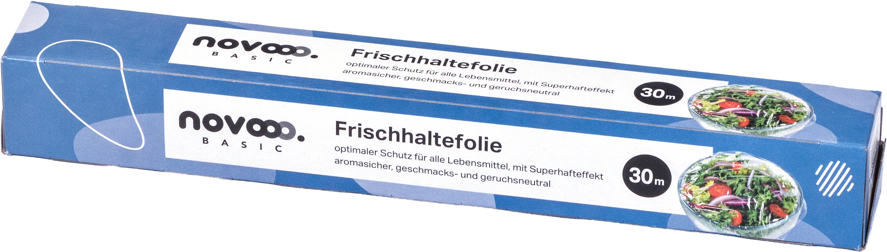 Verpackung von Frischhaltefolie. Blaues Design mit weißen und blauen Mustern. 30 Meter Länge. Hinweis auf aromasicher und geschmacksneutral.