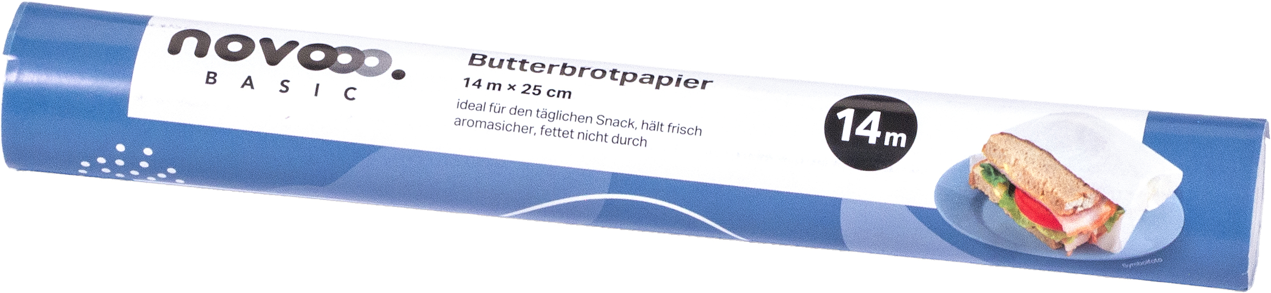 Rolle Butterbrotpapier. Blaues Design. Maße: 14 m x 25 cm. Ideal für Snacks, hält frisch.