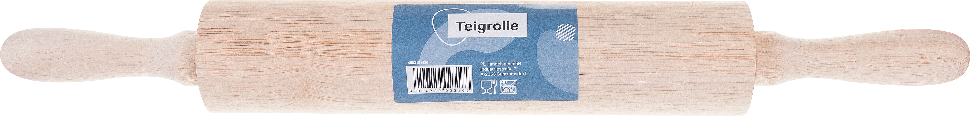 Holz-Teigrolle mit zwei Griffen. Glatte Oberfläche, helles Holz.
