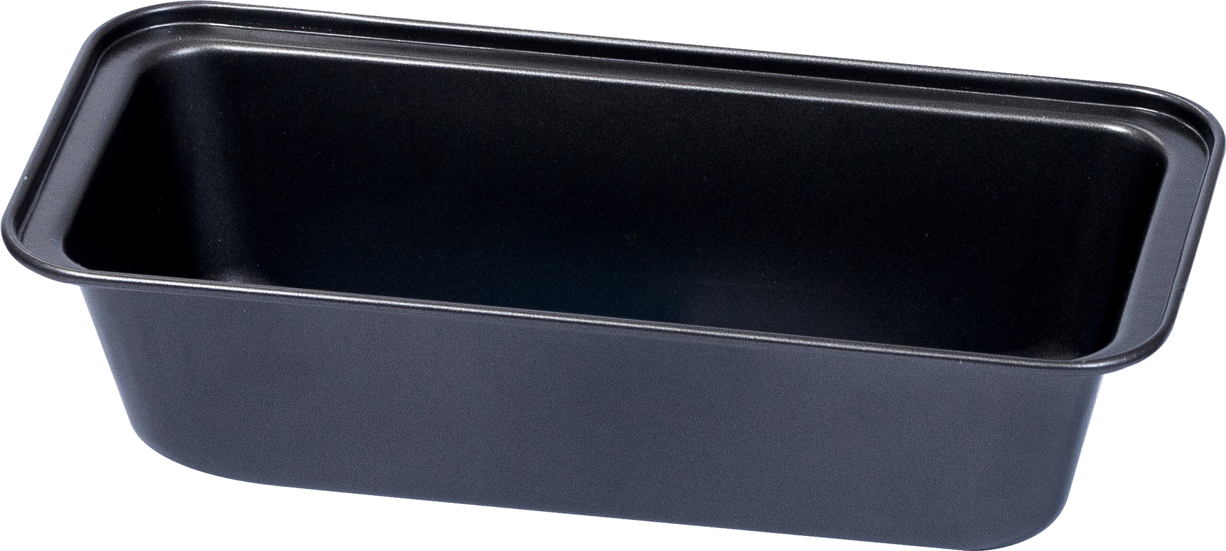 schwarze rechteckige Backform aus Metall. Glatte Oberfläche, geeignet zum Backen.