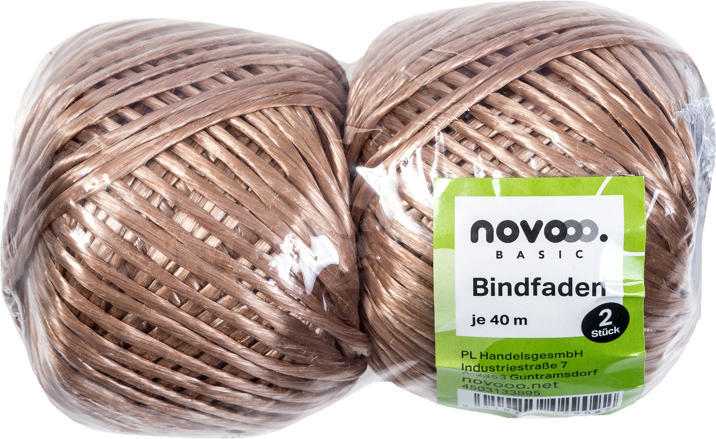 Zwei braune Bindfäden, jeweils 40 Meter lang. Verpackt in durchsichtiger Folie. Etikett mit Marke 'novooo' und Produktinformationen.