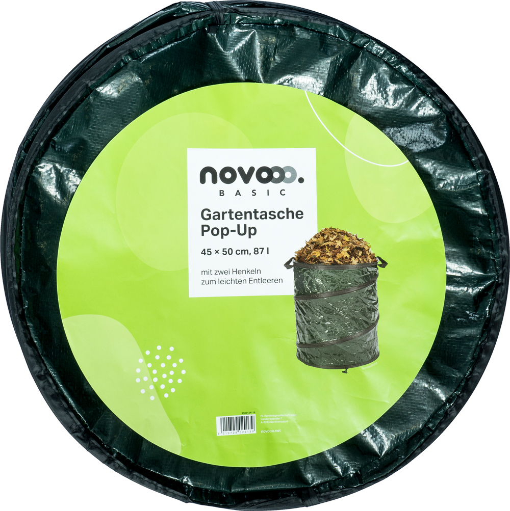 Pop-Up Gartentasche in grün mit schwarzem Rand. Größe 45 x 50 cm, 87 Liter Volumen.