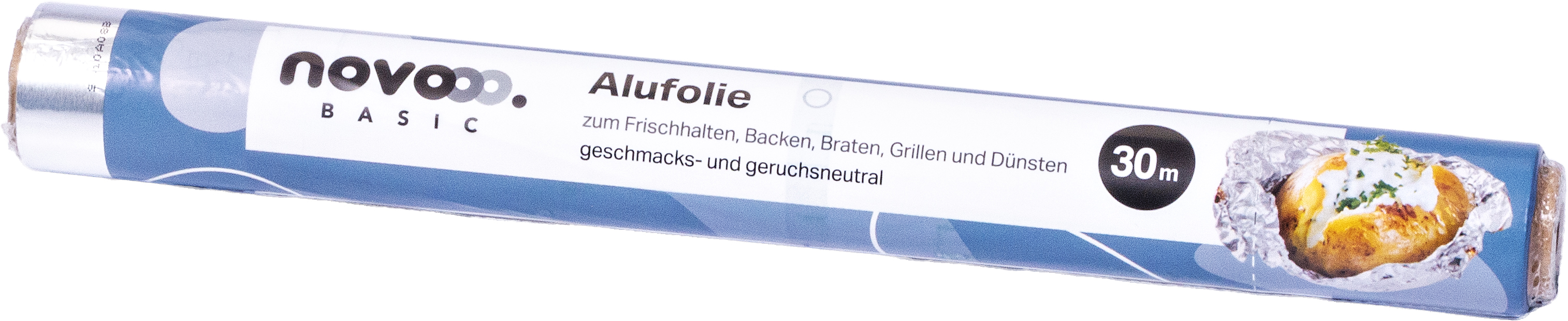 Alufolie in einer blauen Verpackung. Länge 30 Meter. Verwendung zum Frischhalten, Backen, Braten, Grillen und Dämpfen. Geschmacks- und geruchsneutral.