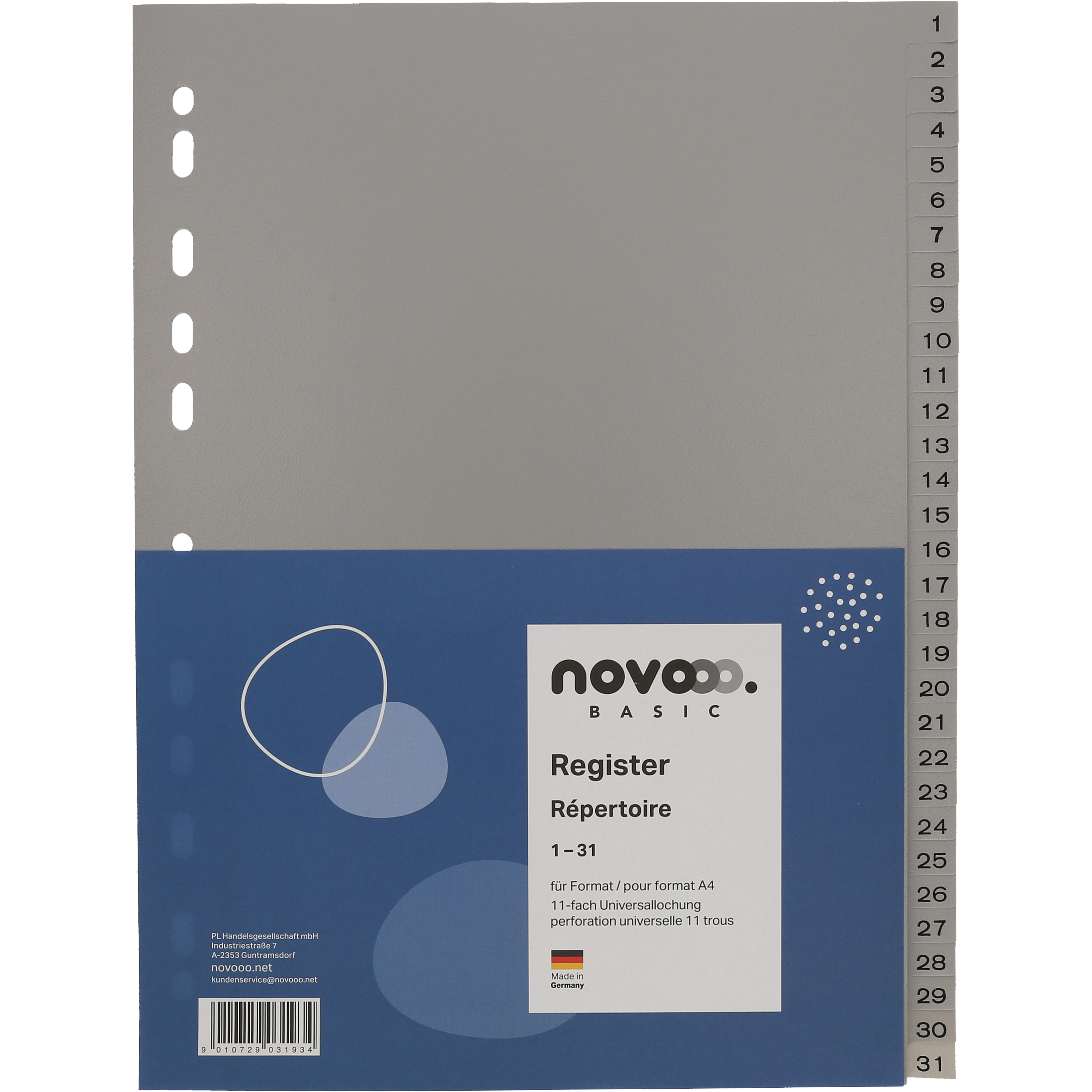 Graues Registerblatt für A4-Format. 31 nummerierte Fächer. Universelle Perforation. Blauer Bereich mit Logo.