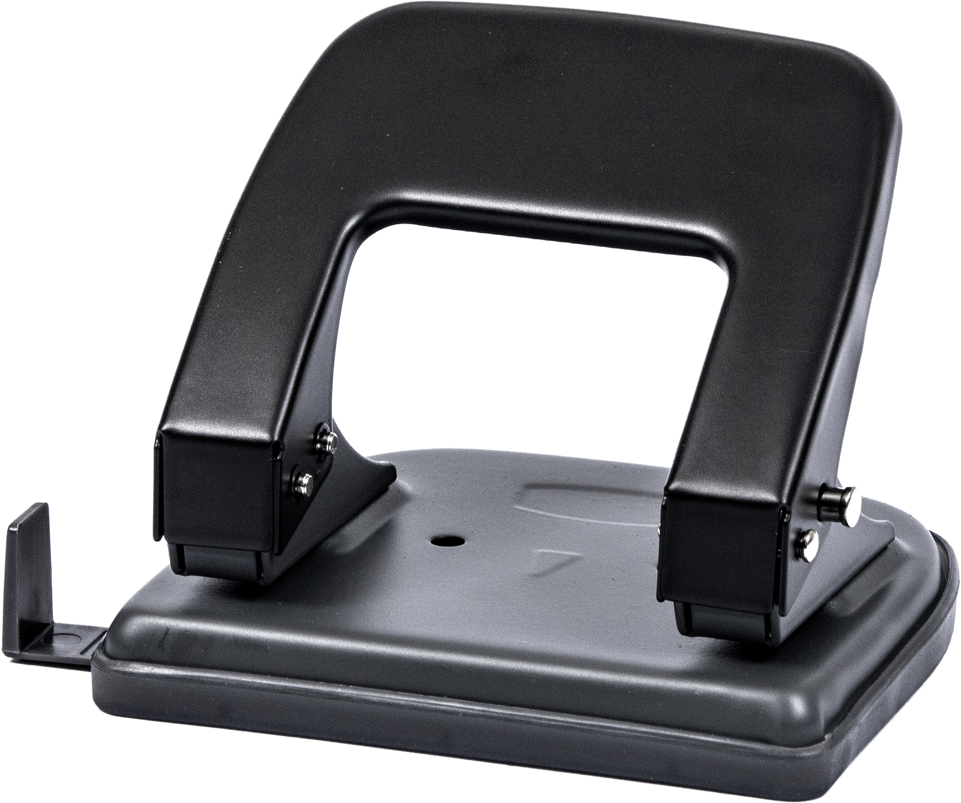 Schwarzer Locher mit einem ergonomischen Griff. Die Basis ist flach und stabil.