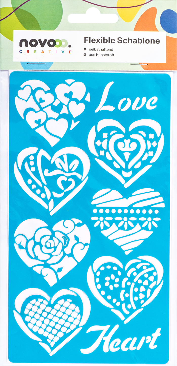 Blaue Schablone mit verschiedenen Herzmotiven. Enthält den Schriftzug 'Love' und 'Heart'.