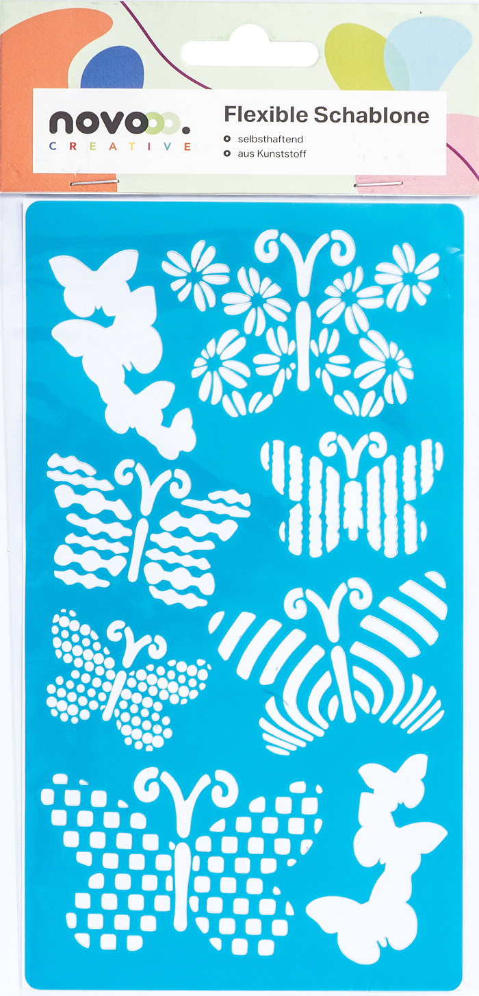 Blaue Schablone mit verschiedenen Schmetterlingsmotiven. Selbsthaftend und aus Kunststoff.