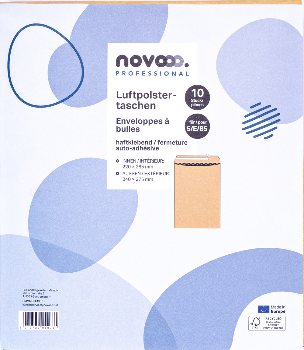 Luftpolstertaschen in einer Packung mit 10 Stück. Maße innen 220 x 265 mm, außen 240 x 275 mm.