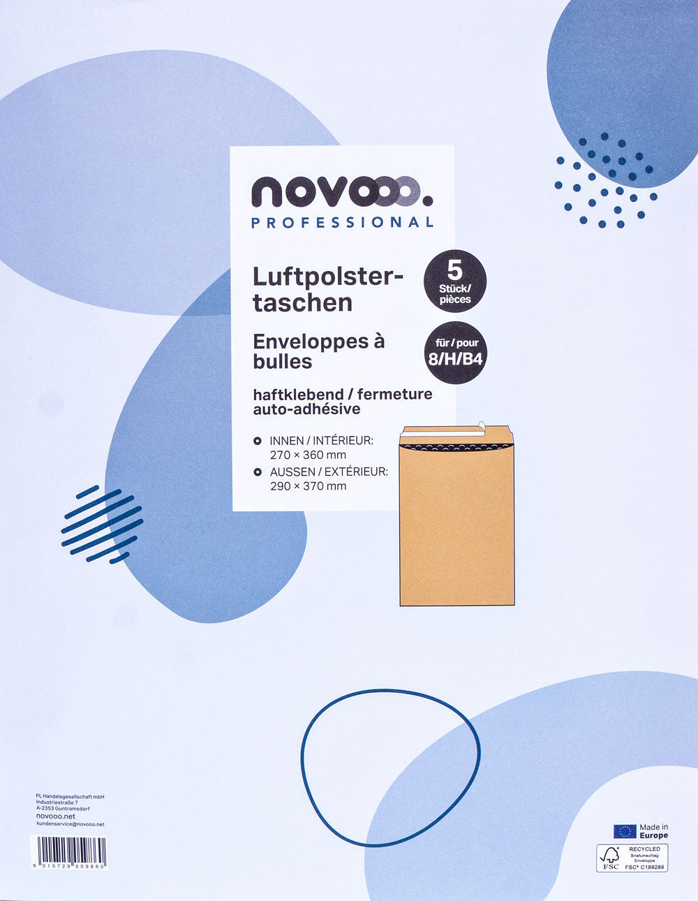 Luftpolstertaschen in einer Packung mit fünf Stück. Innenmaße 270 x 360 mm, außen 290 x 370 mm.