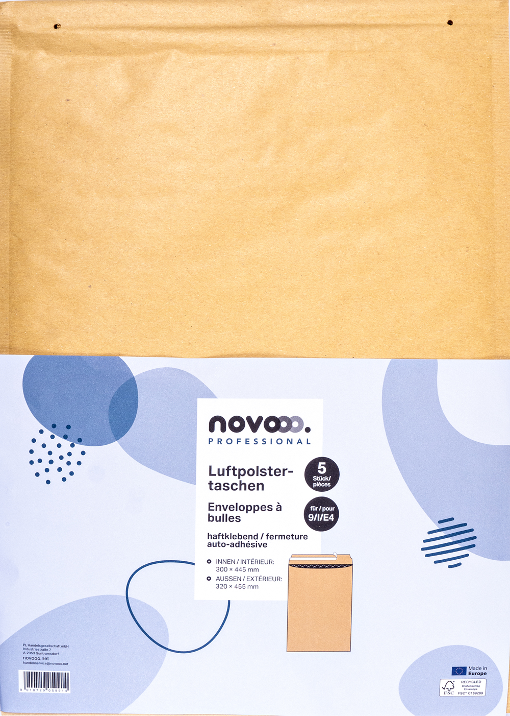 Braune Luftpolstertaschen in einer Packung mit fünf Stück. Größe innen 300 x 445 mm, außen 320 x 455 mm.