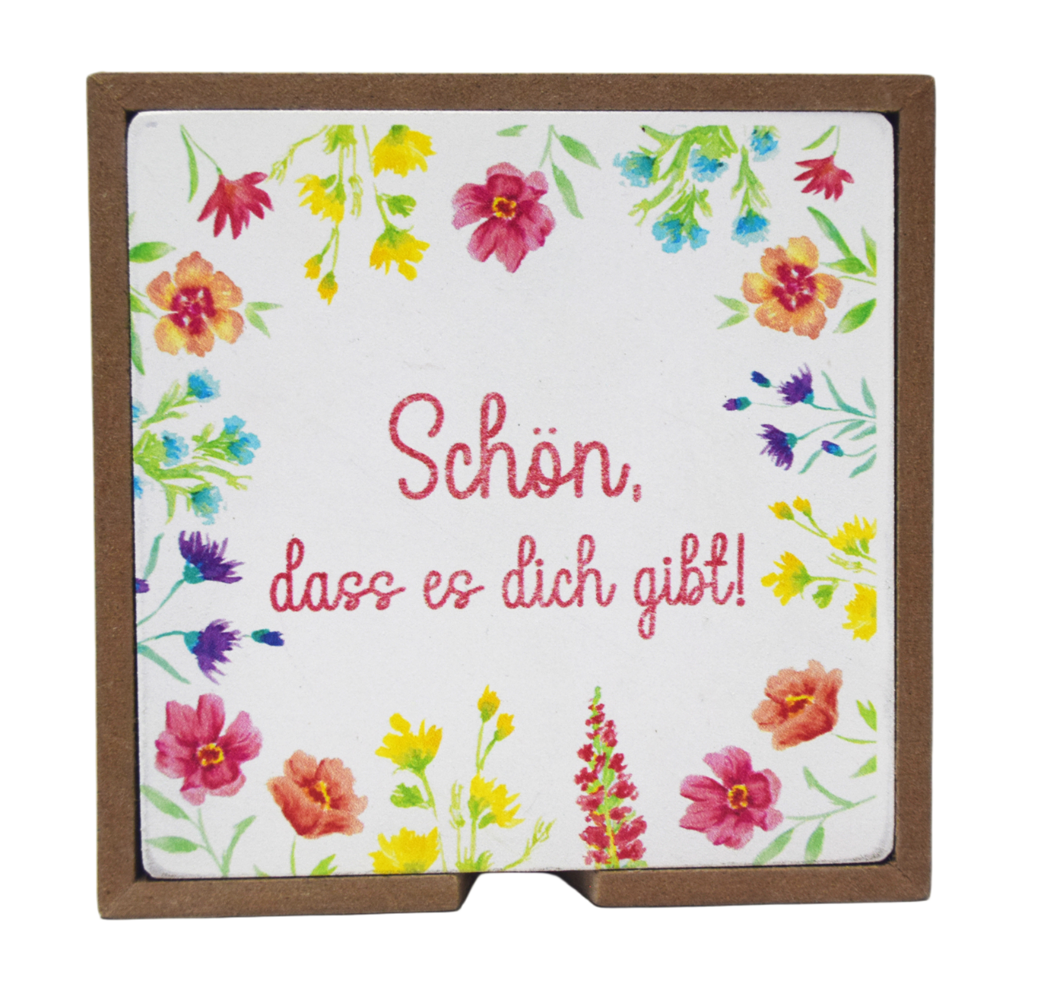 Dekorative Karte mit bunten Blumen. Text: 'Schön, dass es dich gibt!'