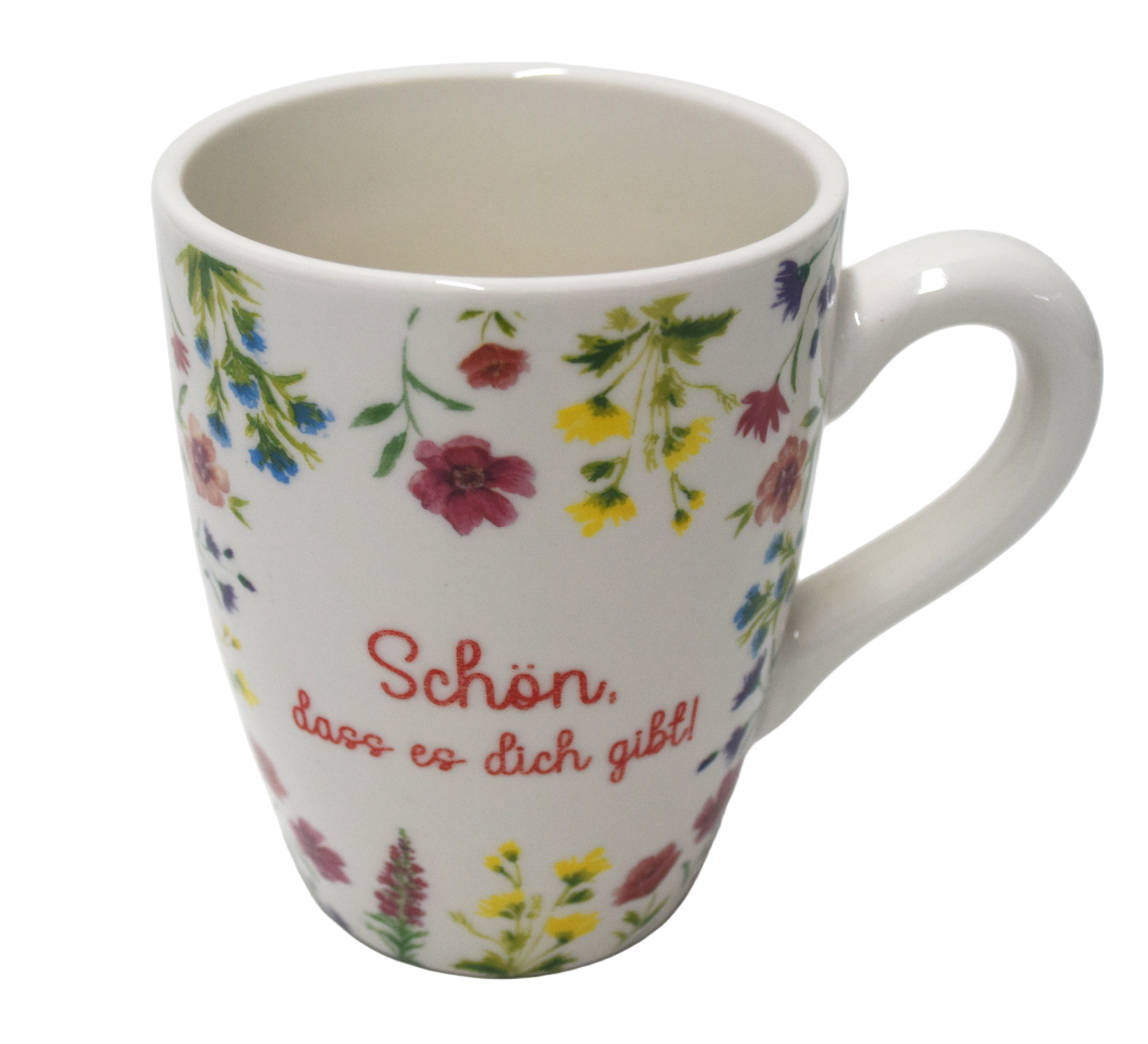 Weiße Tasse mit bunten Blumenmustern. Auf der Tasse steht der Text: 'Schön, dass es dich gibt!'