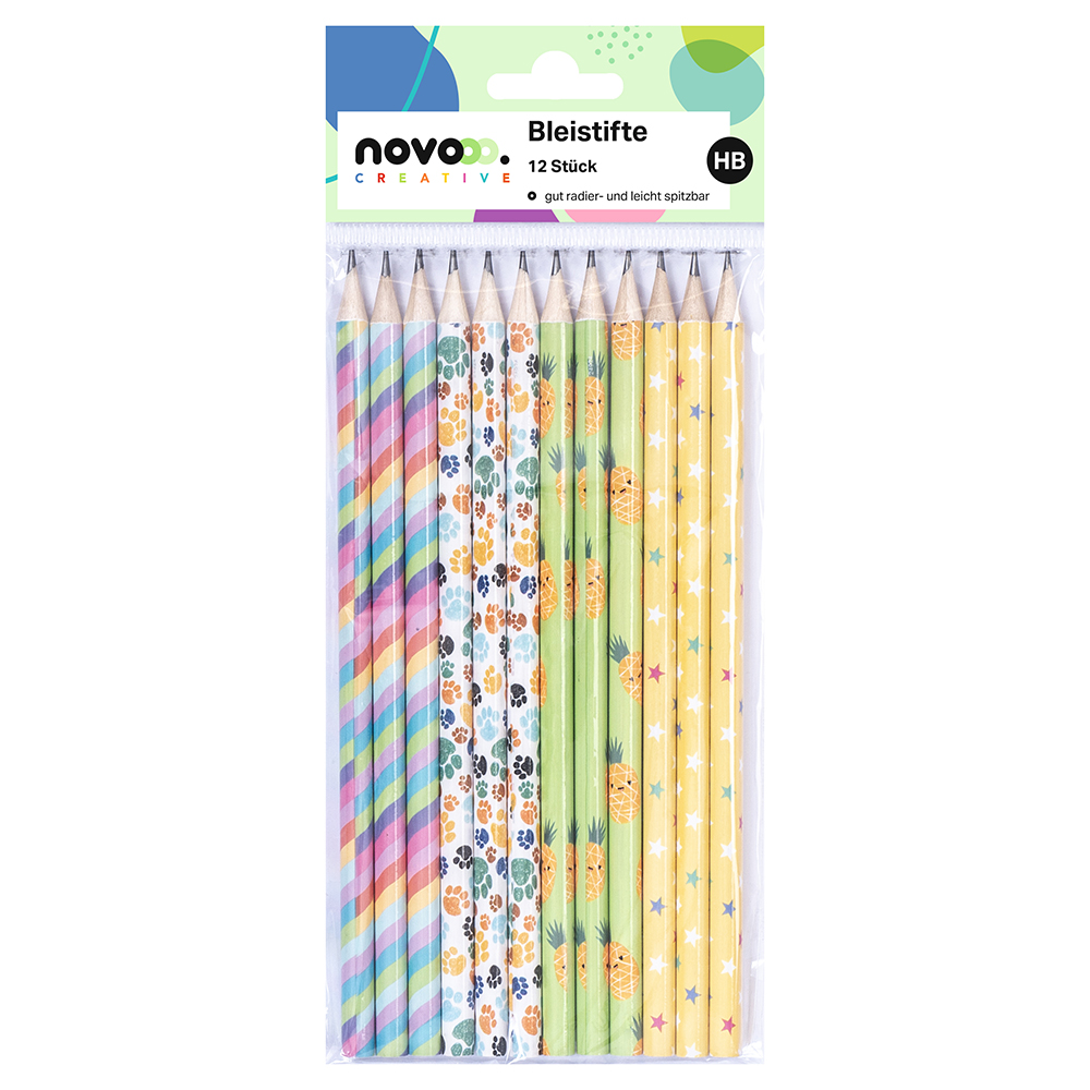 Packung mit 12 Bleistiften. Verschiedene Designs: gestreift, mit Pfotenabdrücken, Ananas und Sternen. Alle sind HB und gut radierbar.