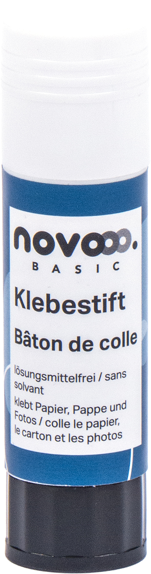 Klebestift in weißer Verpackung mit blauer Schrift. Lösungsmittelfrei, geeignet für Papier und Fotos.